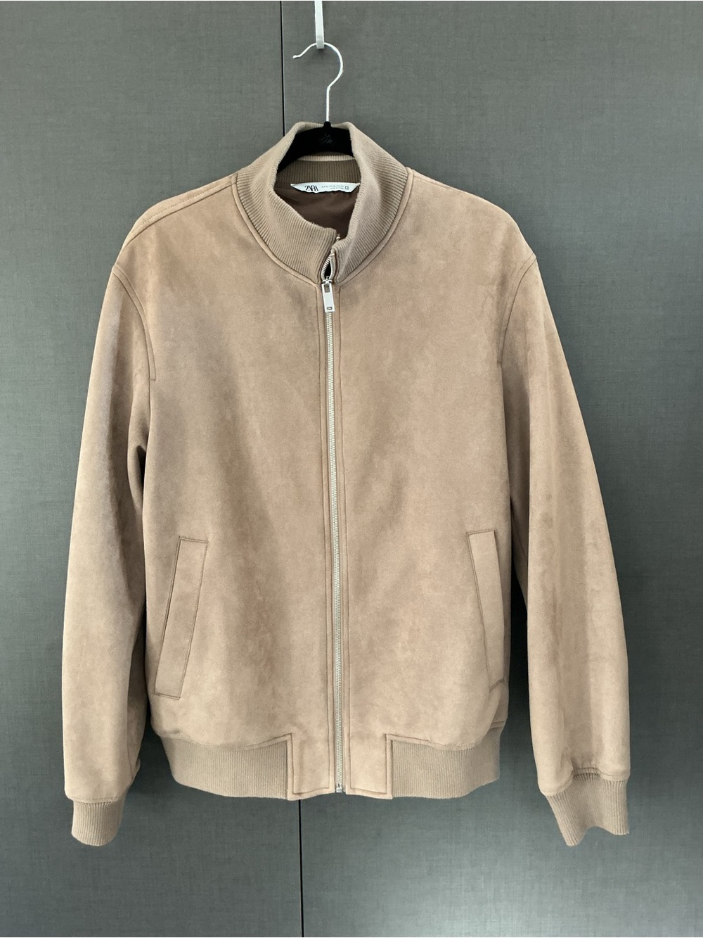 Zara Taupe Zip-Front Faux Suede Bomber Jacket